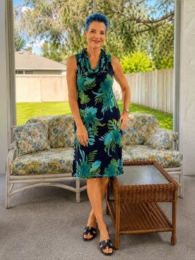 Vintage Expressions Navy Tropical Floral Sleeveless Cowl Neck Dress Stretch Sz 8